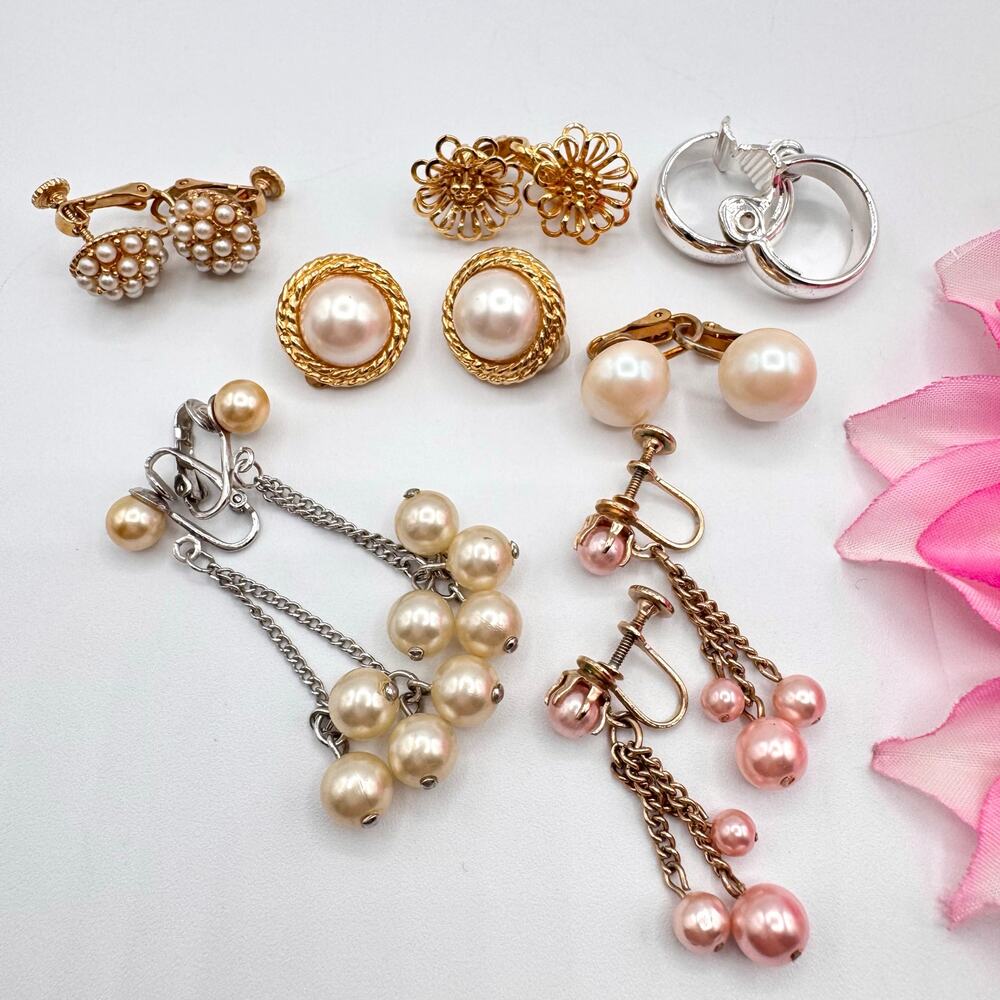 7 Pair Vintage Clip On Earring Lot Hoop Faux Pearls Romantic Wedding Bridal Chic